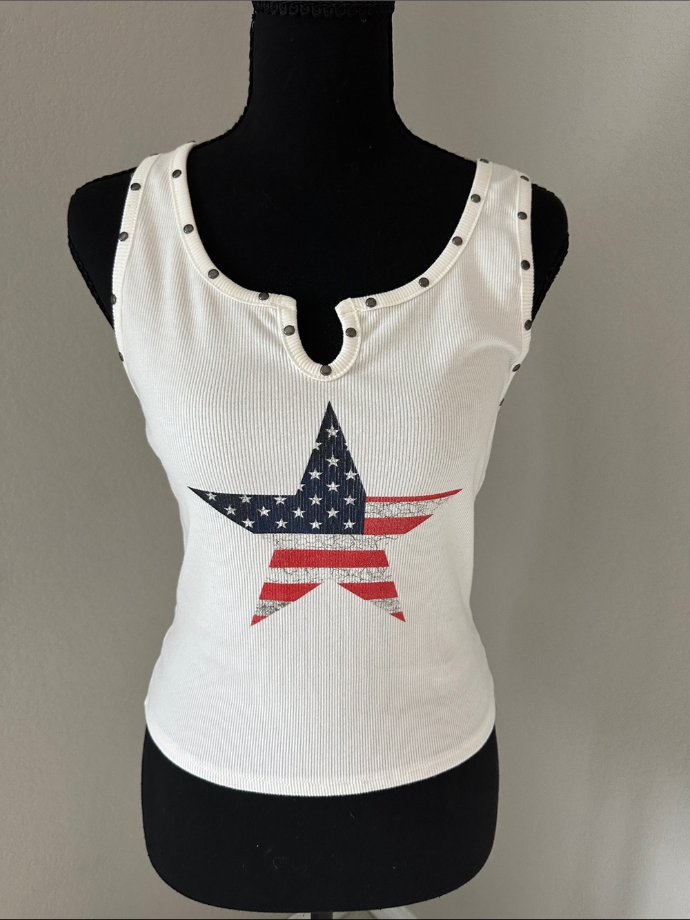 White Ribbed Tank with American Star Graphic